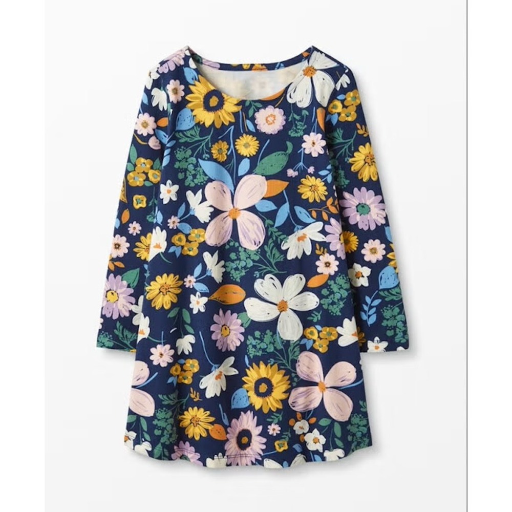 Hanna Andersson Girls Navy Blue Floral Long Sleeve Pocket Dress Size 8 130cm